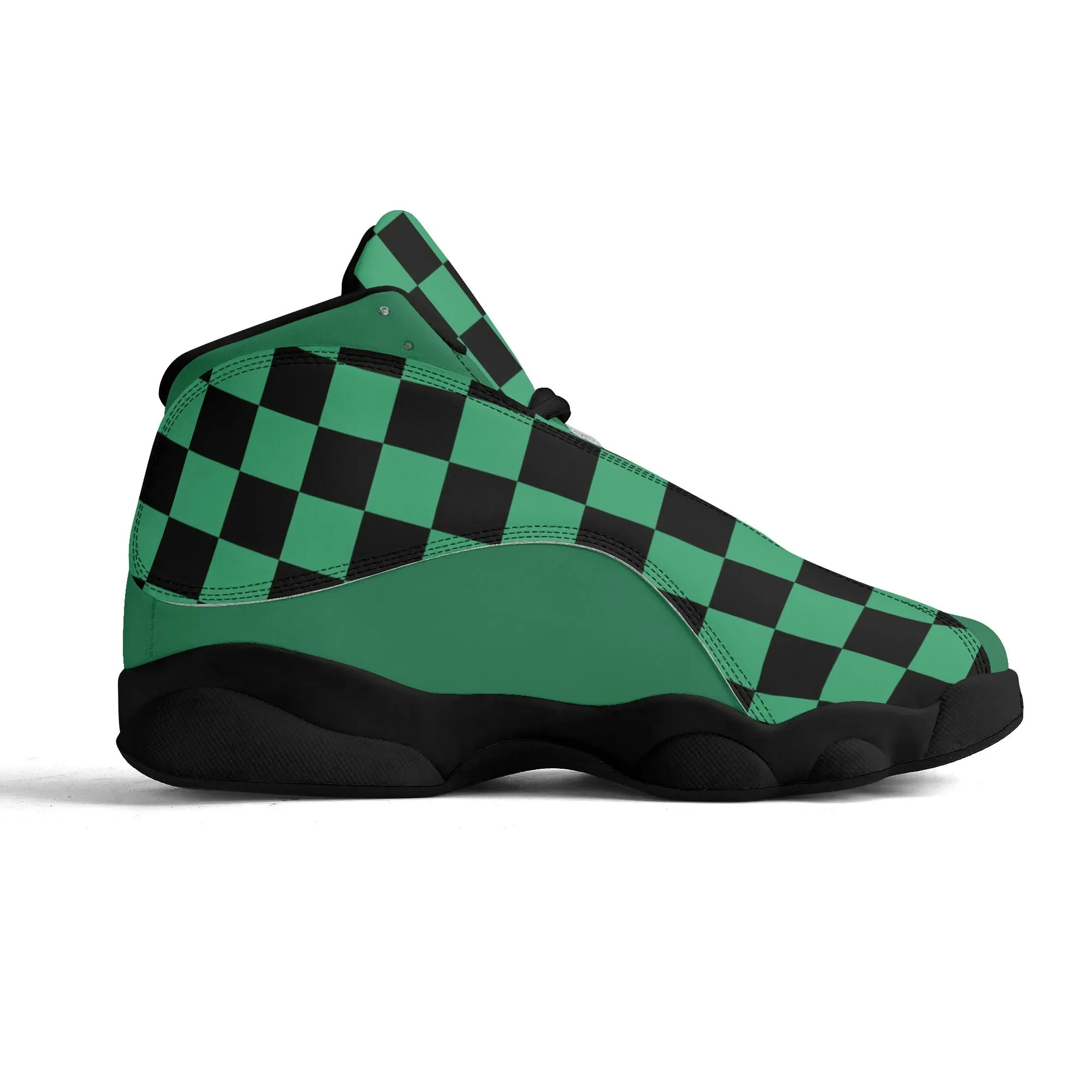 Skate shoe | High Top Sneakers | PU Vegan Leather Basketball shoes | Anime Slayer of Demon | Green Black Checkered