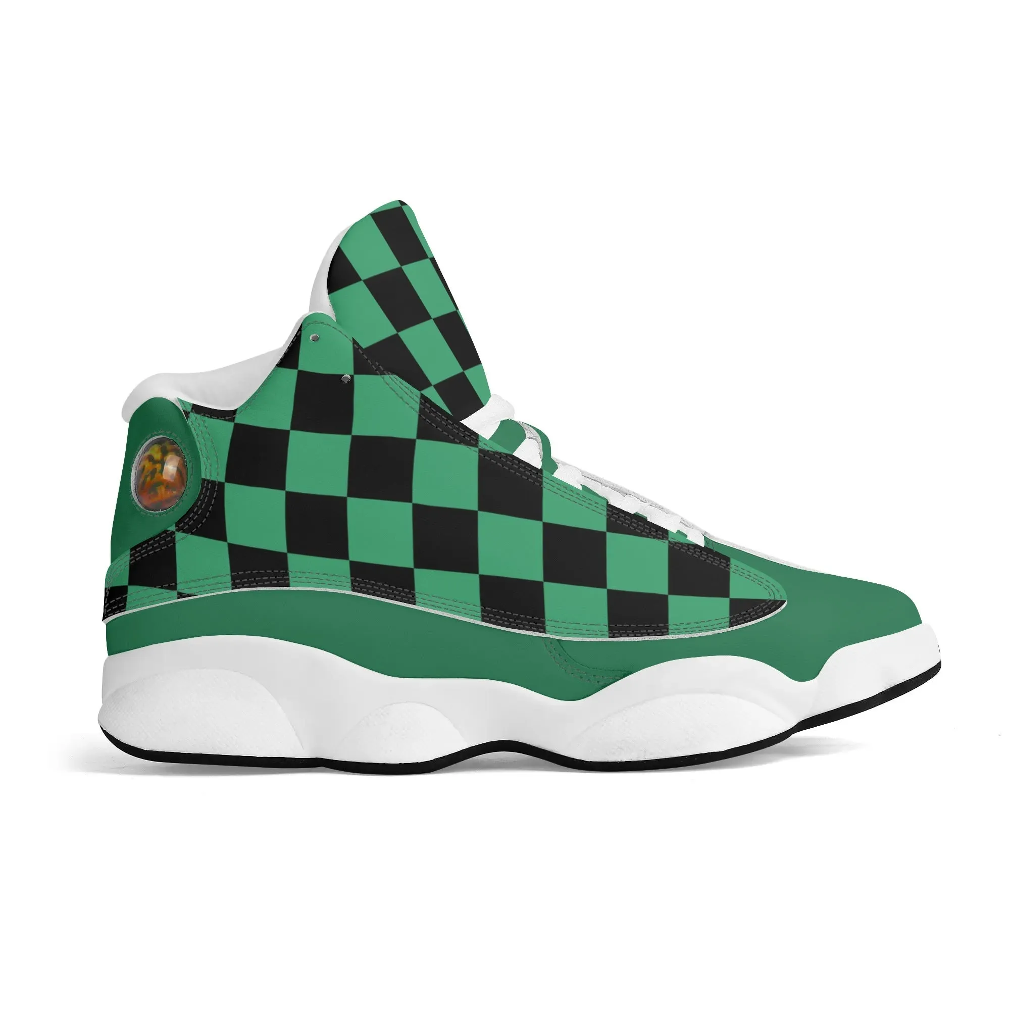 Skate shoe | High Top Sneakers | PU Vegan Leather Basketball shoes | Anime Slayer of Demon | Green Black Checkered