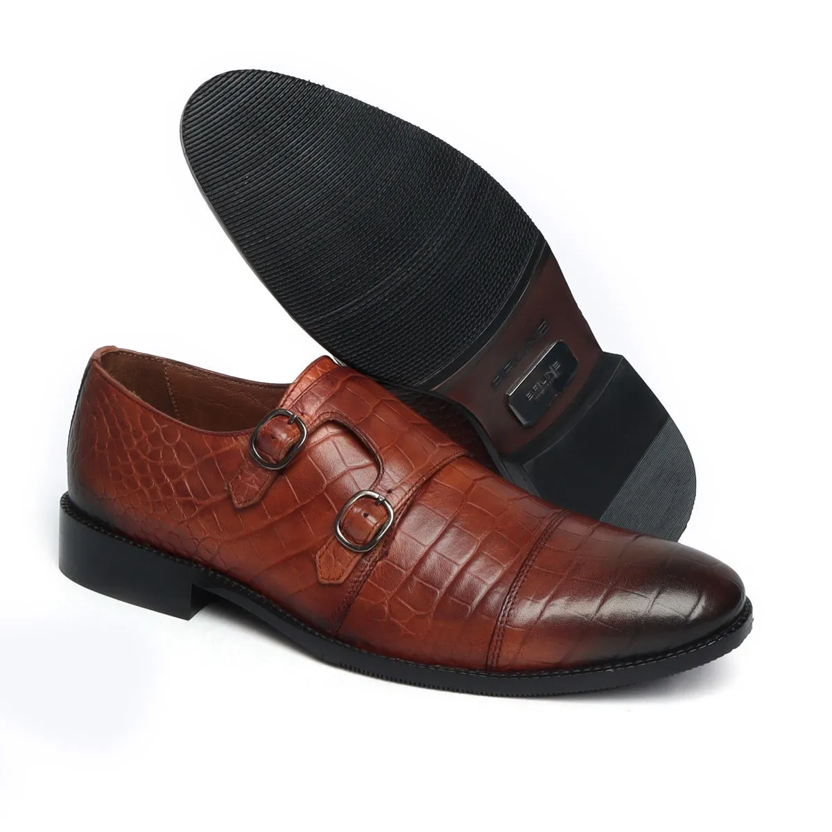 Tan Genuine Leather Monk Shoes By Brune