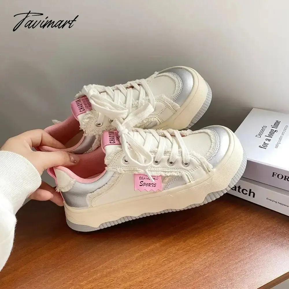 Tavimart Vintage Casual Womens Sports Shoes Fashion Platform White Athletic Sneakers Round Toe Raw Edge Designer Ladies Footwear