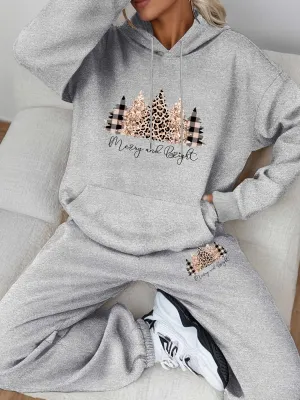 Two-piece Set of Plus Velvet Autumn and Winter Sports Suit, Women's Long-sleeved Drawstring Hoodie and Jogging Pants Set, Holiday Direction - Christmas Elements Print