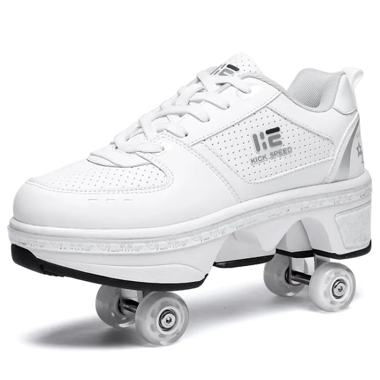 Two-Purpose Skating Shoes Deformation Shoes Double Row Rune Roller Skates Shoes, Size: 33(High-top With Light (White))