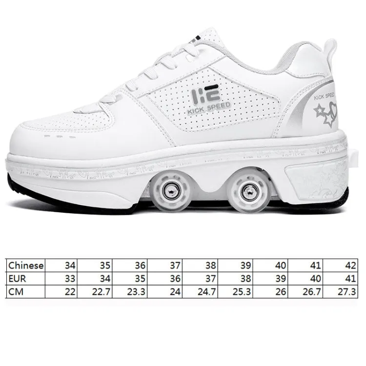 Two-Purpose Skating Shoes Deformation Shoes Double Row Rune Roller Skates Shoes, Size: 33(High-top With Light (White))