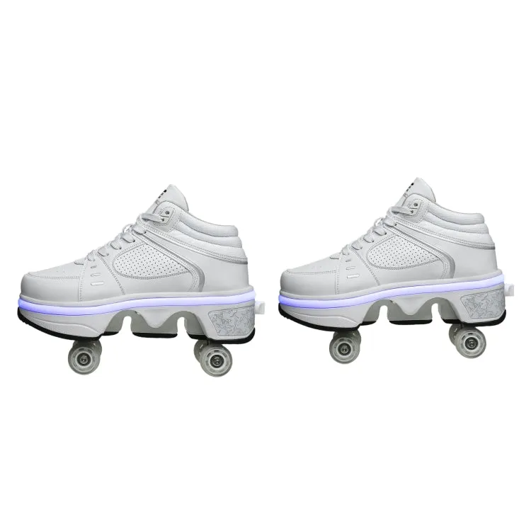 Two-Purpose Skating Shoes Deformation Shoes Double Row Rune Roller Skates Shoes, Size: 33(High-top With Light (White))