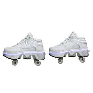 Two-Purpose Skating Shoes Deformation Shoes Double Row Rune Roller Skates Shoes, Size: 35(High-top With Light (White))