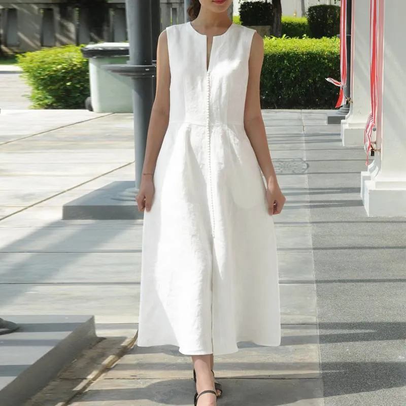 V-neck Waist Belt Cotton Linen Hem Split Sleeveless Dress