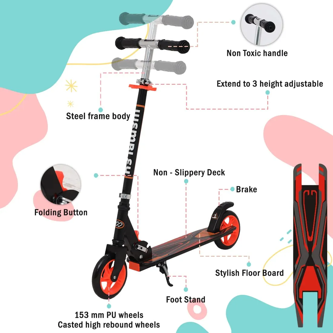 Wembley Kick Scooter for Kids 5  Years | 2 Wheels Steel Frame Foldable and 3 Adjustable Height | Skating Cycle Kids Scooter 5 to 10, 12 Years Boys Girls - Orange BIS Certified - Capacity 50kg