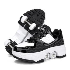 With Brakes Deformable Four-wheel Retractable Double-row Dual-purpose Roller Skates, Size: 33(DF08 Black)