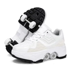 With Brakes Deformable Four-wheel Retractable Double-row Dual-purpose Roller Skates, Size: 33(DF08 White)