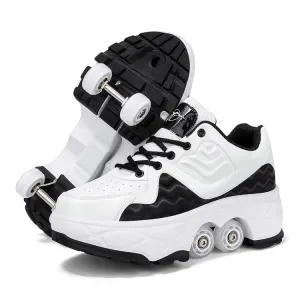 With Brakes Deformable Four-wheel Retractable Double-row Dual-purpose Roller Skates, Size: 43(DF08 White Black)